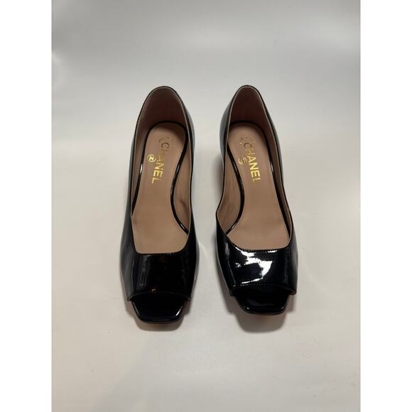 Chanel Patent Leather Peep Toe Two Tone Heels - Picture 5 of 10